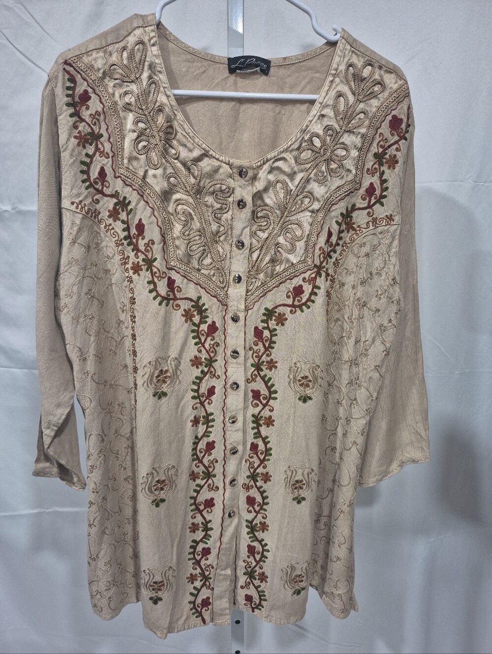 L'Pogee Embroidered Boho Tunic Top, 100% Viscose, Free Size (L) 3/4 Sleeves